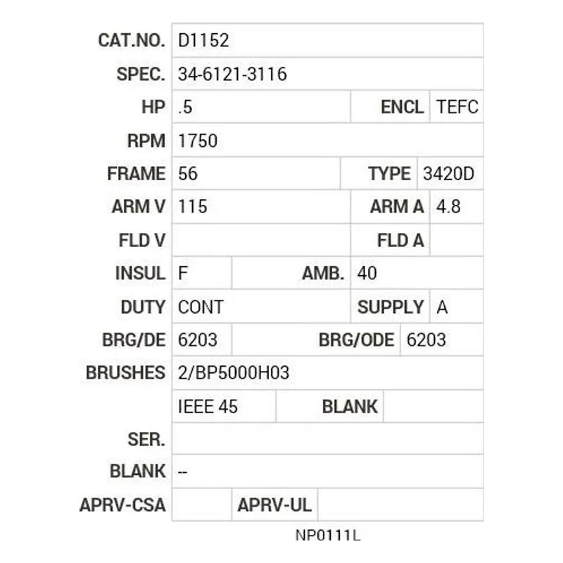 D1152 Baldor .5 HP, 1750 RPM, DC, 56, 3420D, TEFC, F1 Motor Nameplate - view 2