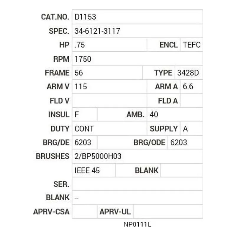 D1153 Baldor .75 HP, 1750 RPM, DC, 56, 3428D, TEFC, F1 Motor Nameplate - view 2