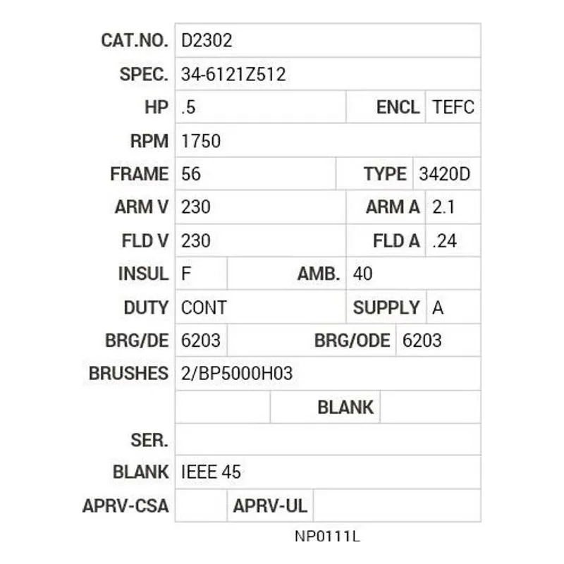 D2302 Baldor .5 HP, 1750 RPM, DC, 56, 3420D, TEFC, F1, N Motor Nameplate - view 2
