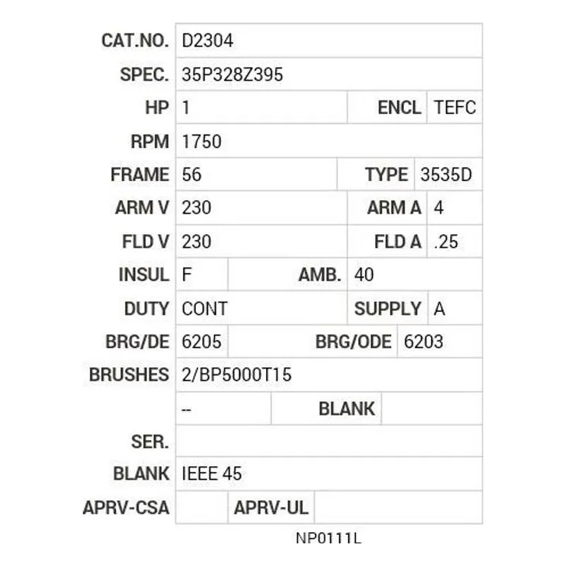 D2304 Baldor 1 HP, 1750 RPM, DC, 56, 3535D, TEFC, F1 Motor Nameplate - view 2