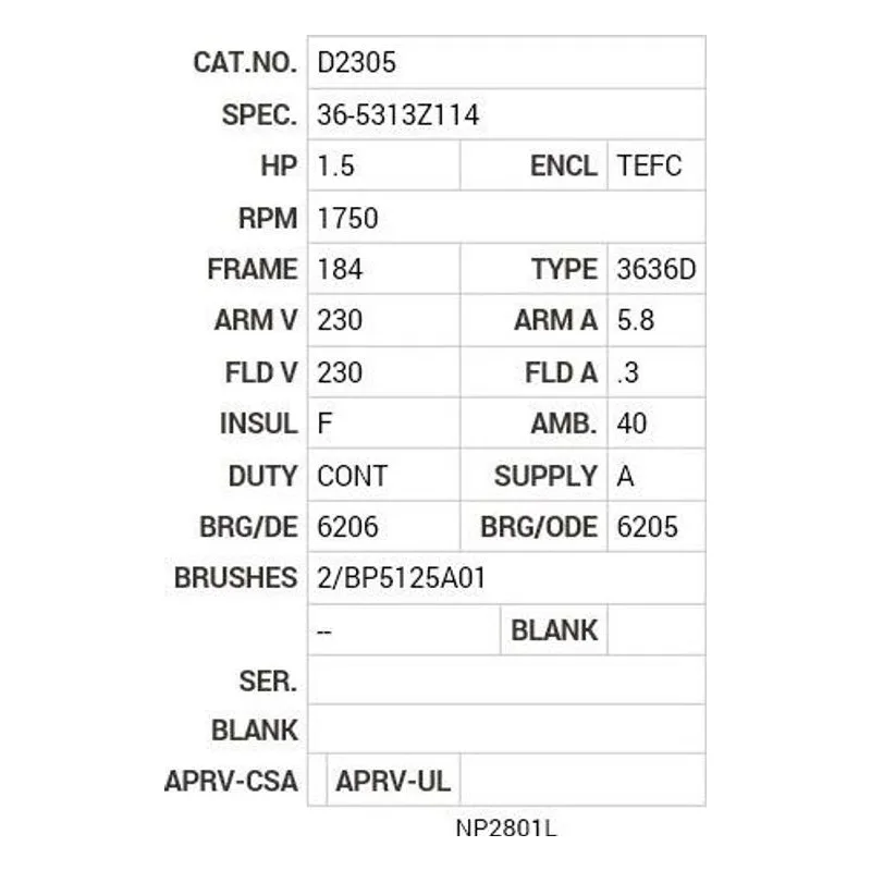 D2305 Baldor 1.5 HP, 1750 RPM, DC, 184, 3636D, TEFC, F1 Motor Nameplate - view 2