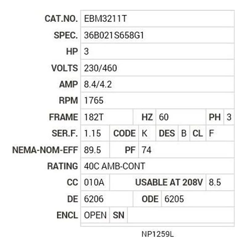 EBM3211T Baldor 3 HP, 1765 RPM, 3 PH, 60 HZ, 182T, 3630M, OPEN, F1 Motor Nameplate - view 2
