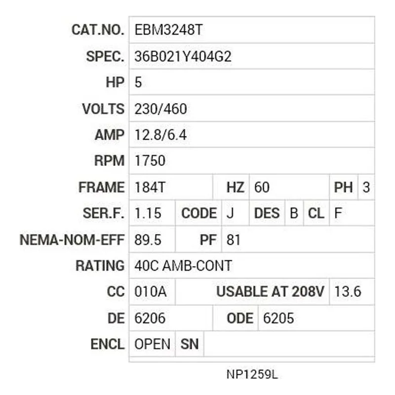 EBM3248T Baldor 5 HP, 1750 RPM, 3 PH, 60 HZ, 184T, 3640M, OPEN, F1 Motor Nameplate - view 2
