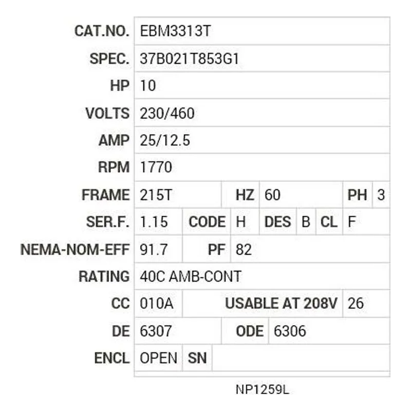 EBM3313T Baldor 10 HP, 1770 RPM, 3 PH, 60 HZ, 215T, 3739M, OPEN, F1 Motor Nameplate - view 2