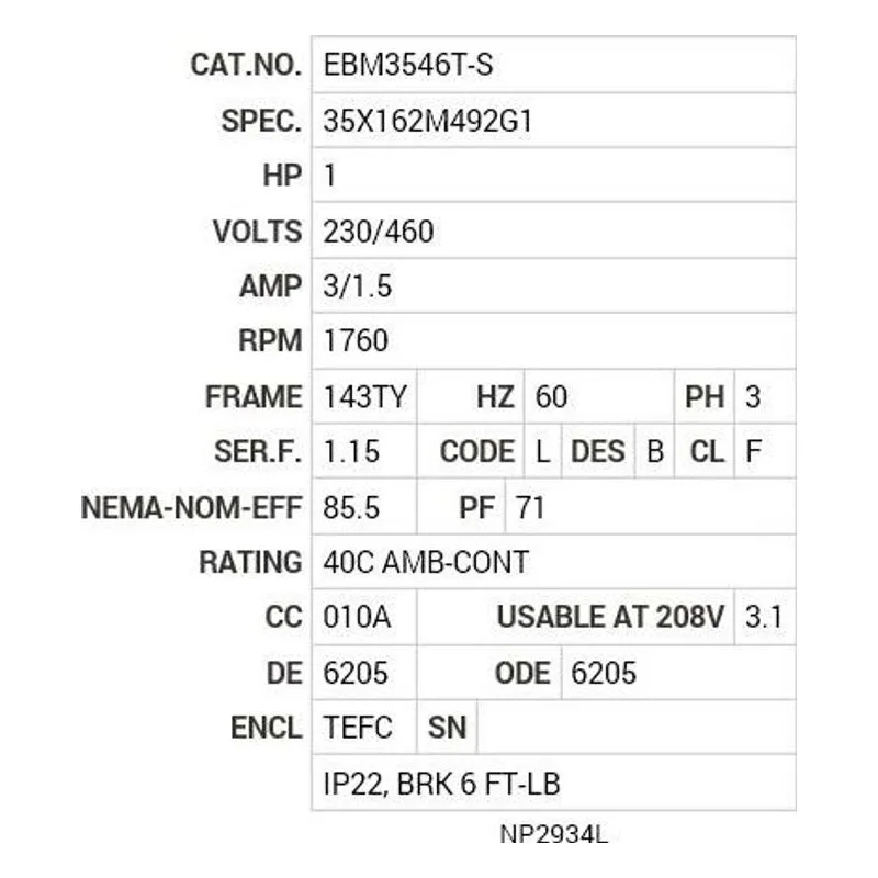 EBM3546T-S Baldor 1 HP, 1760 RPM, 3 PH, 60 HZ, 143TY, 3519M, TEFC, F3 Motor Nameplate - view 2