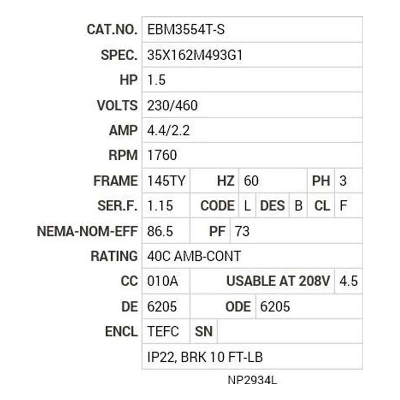 EBM3554T-S Baldor 1.5 HP, 1760 RPM, 3 PH, 60 HZ, 145TY, 3526M, TEFC Motor Nameplate - view 2