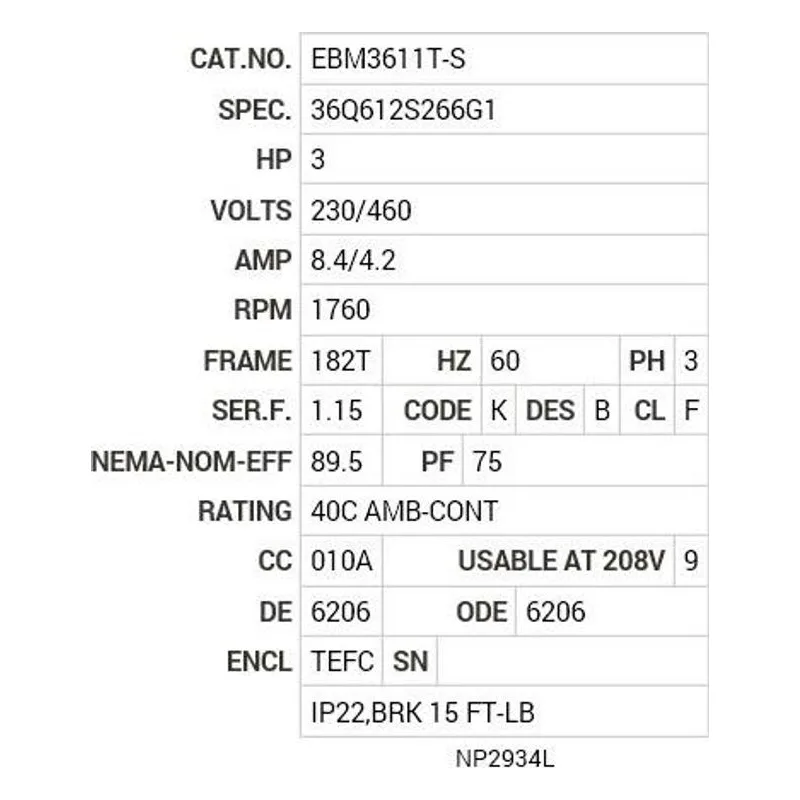 EBM3611T-S Baldor 3 HP, 1760 RPM, 3 PH, 60 HZ, 182T, 3631M, TEFC, F3 Motor Nameplate - view 2