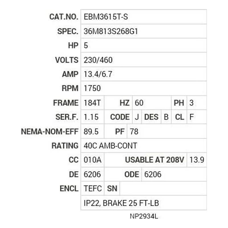 EBM3615T-S Baldor 5 HP, 1750 RPM, 3 PH, 60 HZ, 184T, 3642M, TEFC, F1 Motor Nameplate - view 2