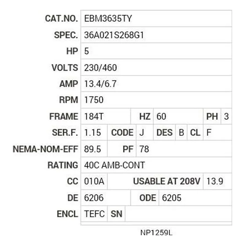 EBM3635TY Baldor 5 HP, 1750 RPM, 3 PH, 60 HZ, 184T, 3642M, TEFC, F1 Motor Nameplate - view 2