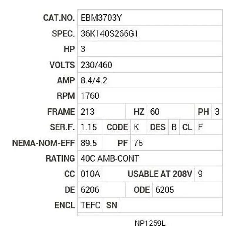 EBM3703Y Baldor 3 HP, 1760 RPM, 3 PH, 60 HZ, 213, 3631M, TEFC, F1, B Motor Nameplate - view 2