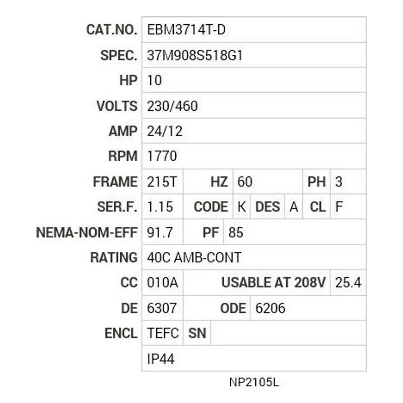 EBM3714T-D Baldor 10 HP, 1770 RPM, 3 PH, 60 HZ, 215T, 3752M, TEFC, F1 Motor Nameplate - view 2