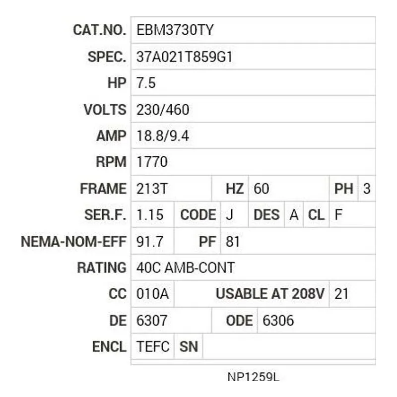 EBM3730TY Baldor 7.5 HP, 1770 RPM, 3 PH, 60 HZ, 213T, 3736M, TEFC, F Motor Nameplate - view 2