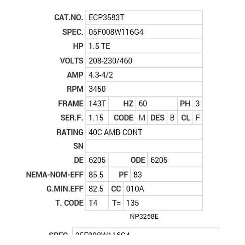 ECP3583T Baldor 1.5 HP, 3450 RPM, 3 PH, 60 HZ, 143T, 0524M, TEFC, F Motor Nameplate - view 2