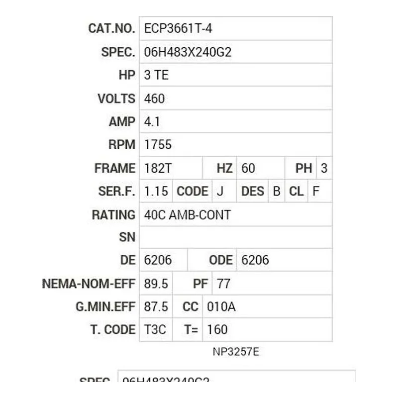 ECP3661T-4 Baldor 3 HP, 1755 RPM, 3 PH, 60 HZ, 182T, 0632M, TEFC, F1 Motor Nameplate - view 2