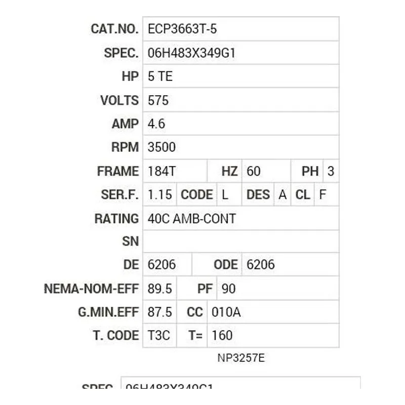 ECP3663T-5 Baldor 5 HP, 3500 RPM, 3 PH, 60 HZ, 184T, 0634M, TEFC, F1 Motor Nameplate - view 2