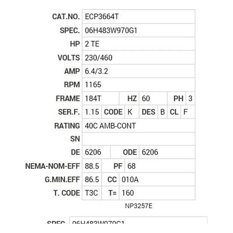 ECP3664T Baldor 2 HP, 1165 RPM, 3 PH, 60 HZ, 184T, 0642M, TEFC, F1 Motor Nameplate - view 2