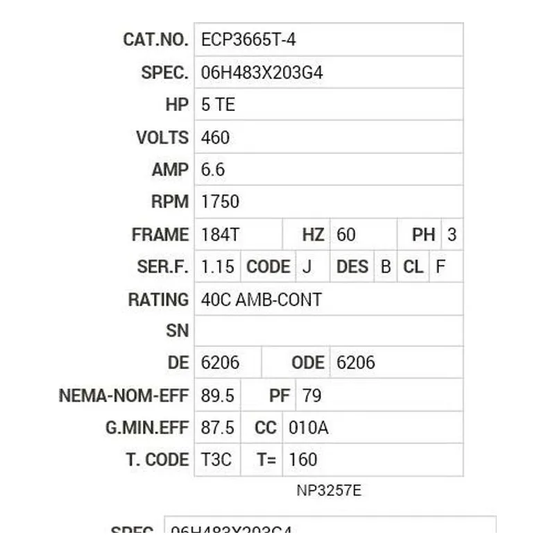 ECP3665T-4 Baldor 5 HP, 1750 RPM, 3 PH, 60 HZ, 184T, 0641M, TEFC, F1 Motor Nameplate - view 2