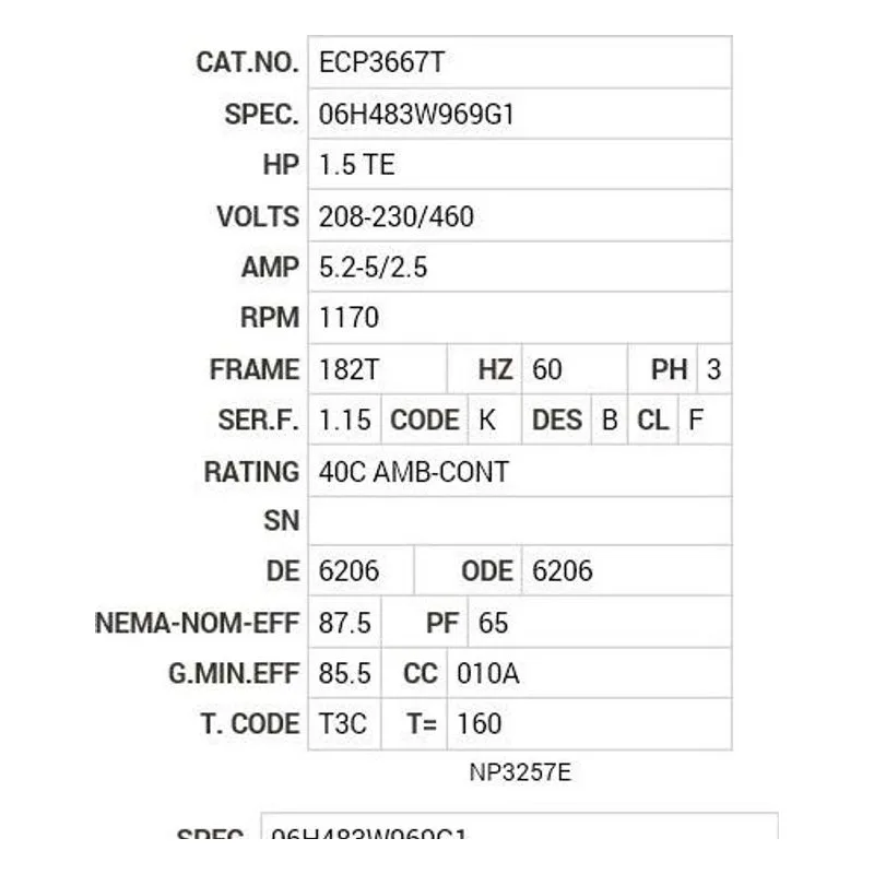 ECP3667T Baldor 1.5 HP, 1170 RPM, 3 PH, 60 HZ, 182T, 0630M, TEFC, F Motor Nameplate - view 2
