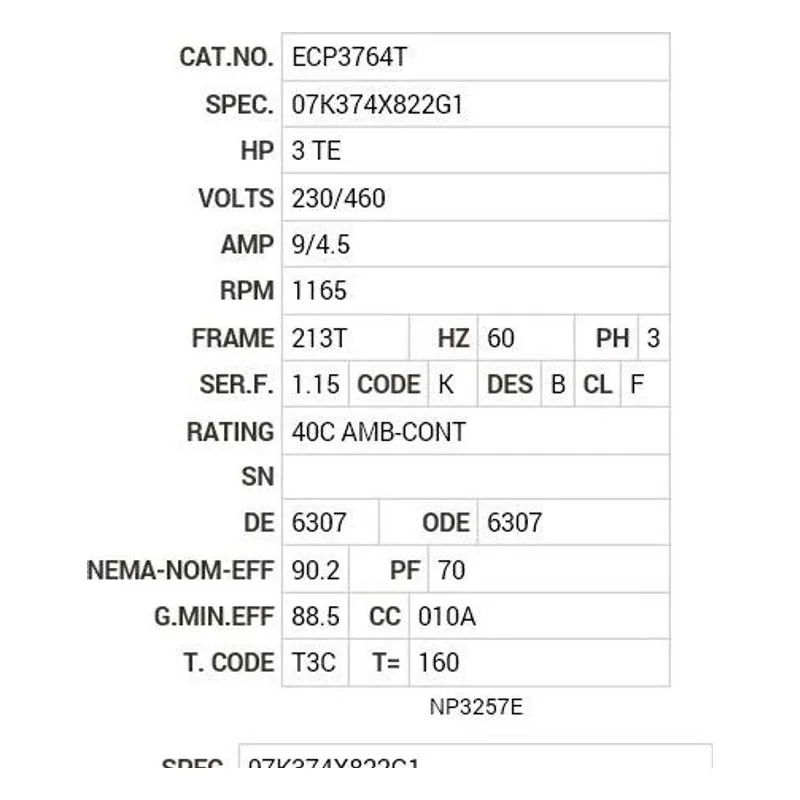 ECP3764T Baldor 3 HP, 1165 RPM, 3 PH, 60 HZ, 213T, 0737M, TEFC, F1 Motor Nameplate - view 2
