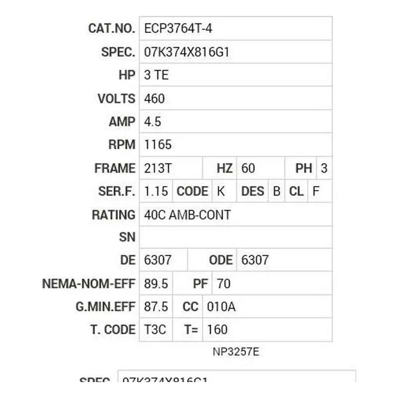 ECP3764T-4 Baldor 3 HP, 1165 RPM, 3 PH, 60 HZ, 213T, 0736M, TEFC, F1 Motor Nameplate - view 2