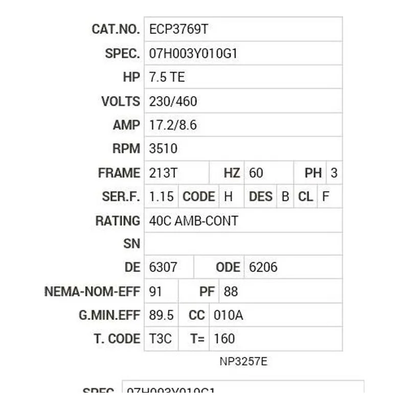 ECP3769T Baldor 7.5 HP, 3510 RPM, 3 PH, 60 HZ, 213T, 0731M, TEFC, F Motor Nameplate - view 2