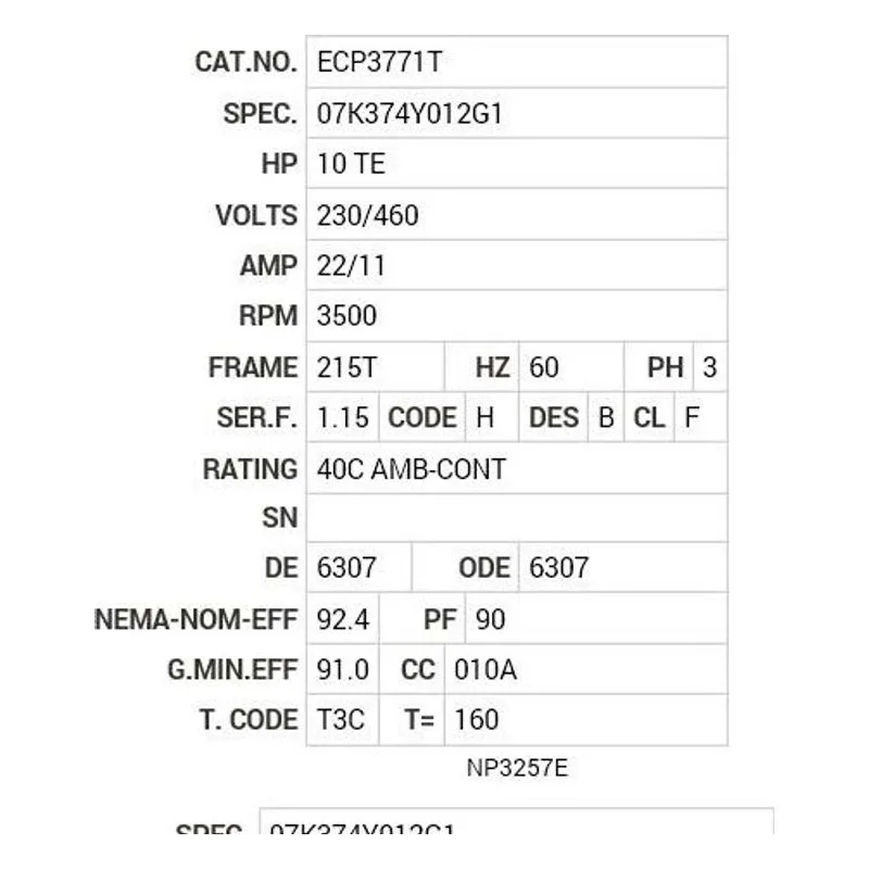 ECP3771T Baldor 10 HP, 3500 RPM, 3 PH, 60 HZ, 215T, 0742M, TEFC, F1 Motor Nameplate - view 2