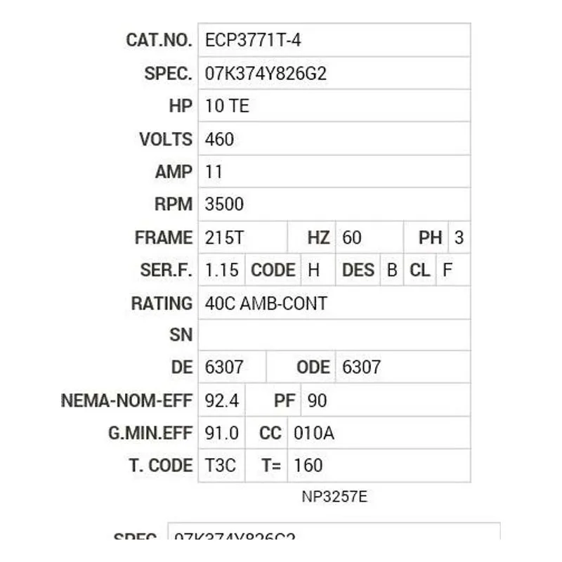ECP3771T-4 Baldor 10 HP, 3500 RPM, 3 PH, 60 HZ, 215T, 0742M, TEFC, F1 Motor Nameplate - view 2