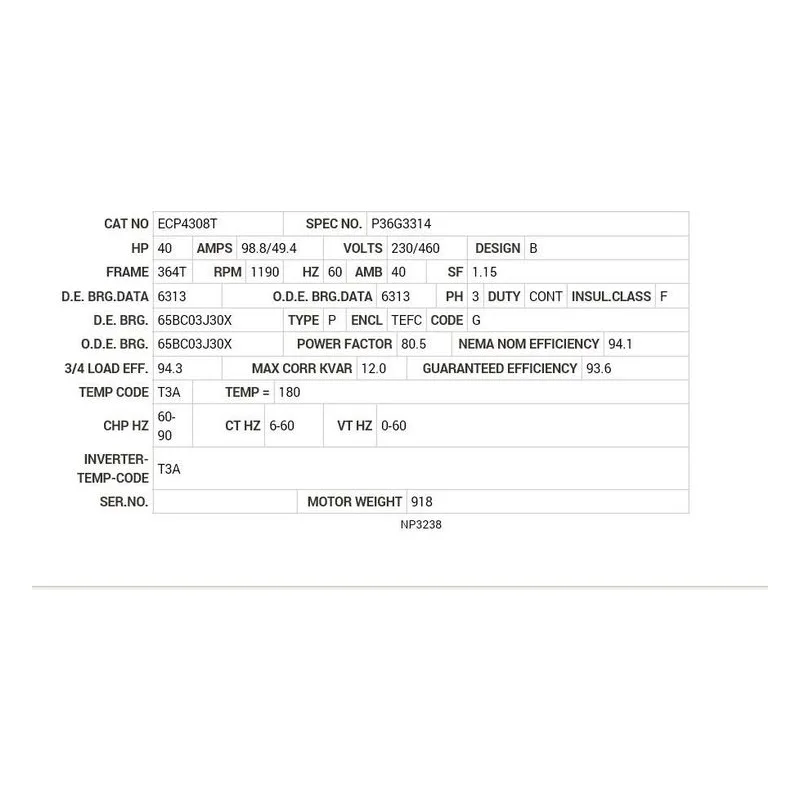 ECP4308T Baldor 40 HP, 1190 RPM, 3 PH, 60 HZ, 364T, TEFC, FOOT Motor Nameplate - view 2