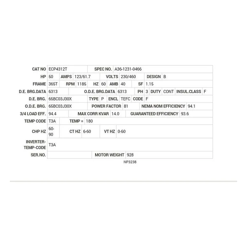 ECP4312T Baldor 50 HP, 1185 RPM, 3 PH, 60 HZ, 365T, A36062M, TEFC Motor Nameplate - view 2