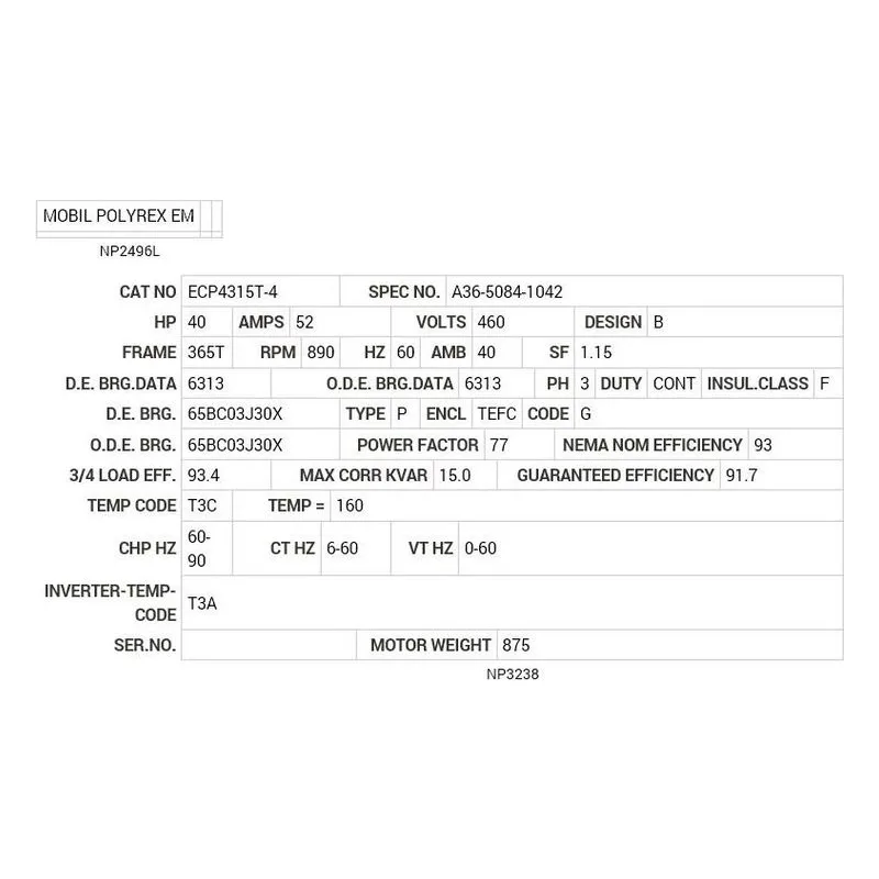 ECP4315T-4 Baldor 40 HP, 890 RPM, 3 PH, 60 HZ, 365T, A36062M, TEFC, F Motor Nameplate - view 2