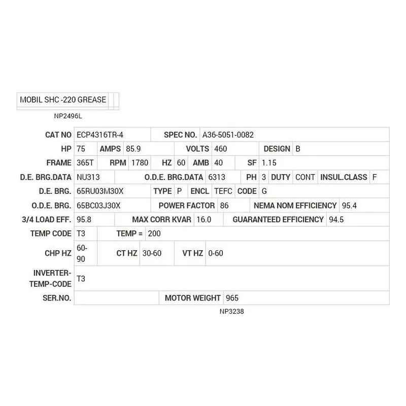 ECP4316TR-4 Baldor 75 HP, 1780 RPM, 3 PH, 60 HZ, 365T, TEFC, F1 Motor Nameplate - view 2