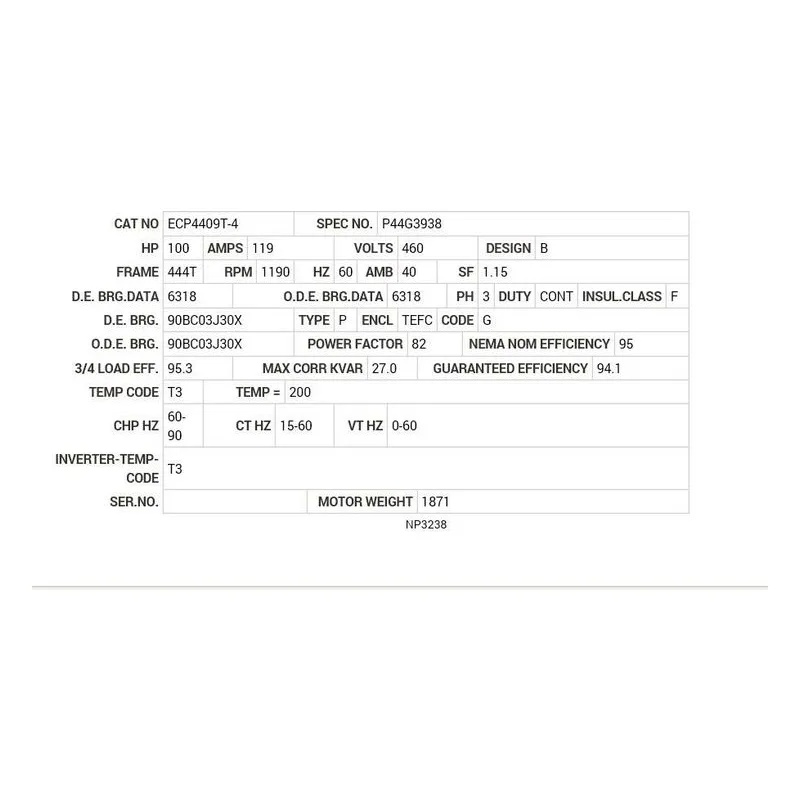 ECP4409T-4 Baldor 100 HP, 1190 RPM, 3 PH, 60 HZ, 444T, A44064M, TEFC Motor Nameplate - view 2