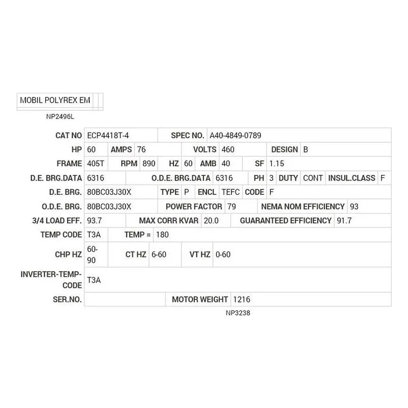 ECP4418T-4 Baldor 60 HP, 890 RPM, 3 PH, 60 HZ, 405T, TEFC, F1 Motor Nameplate - view 2