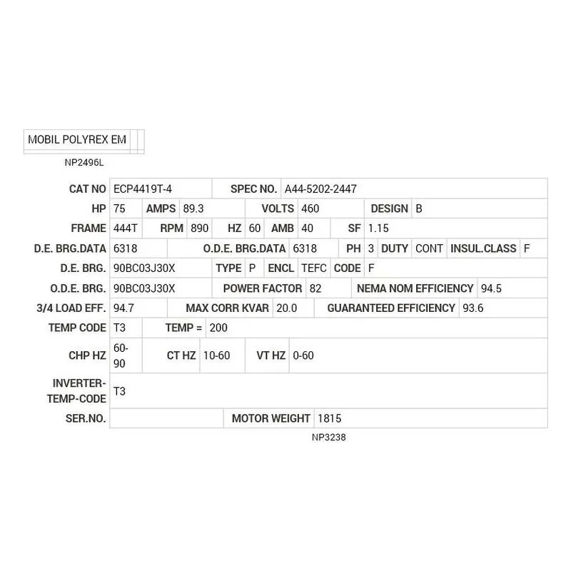 ECP4419T-4 Baldor 75 HP, 890 RPM, 3 PH, 60 HZ, 444T, TEFC, F1 Motor Nameplate - view 2