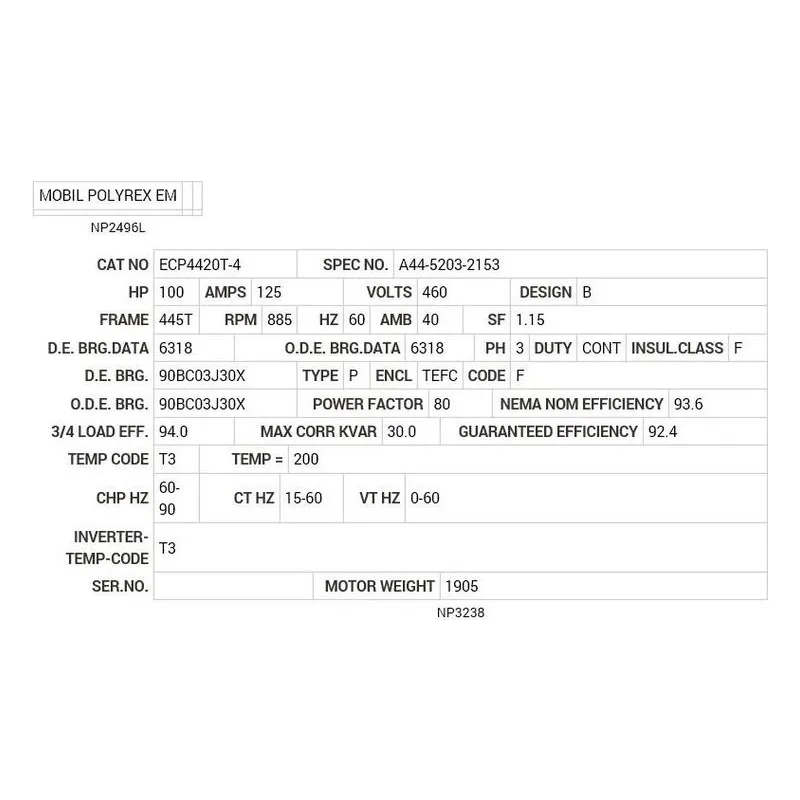 ECP4420T-4 Baldor 100 HP, 885 RPM, 3 PH, 60 HZ, 445T, TEFC, F1 Motor Nameplate - view 2