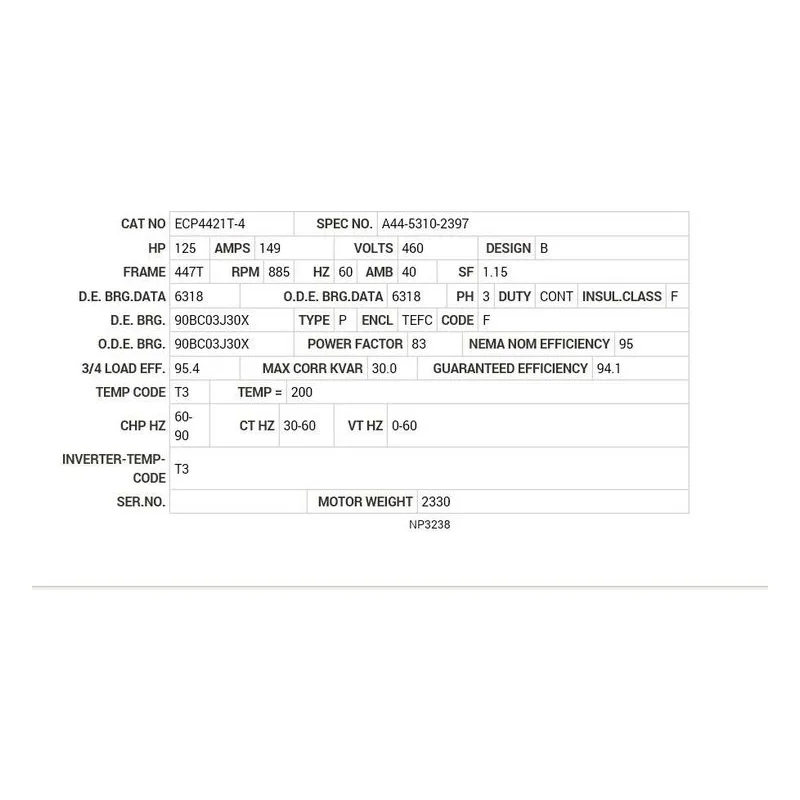 ECP4421T-4 Baldor 125 HP, 885 RPM, 3 PH, 60 HZ, 447T, TEFC, F1 Motor Nameplate - view 2