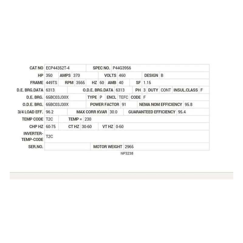 ECP44352T-4 Baldor 350 HP, 3565 RPM, 3 PH, 60 HZ, 449TS, A44144M, TEF Motor Nameplate - view 2