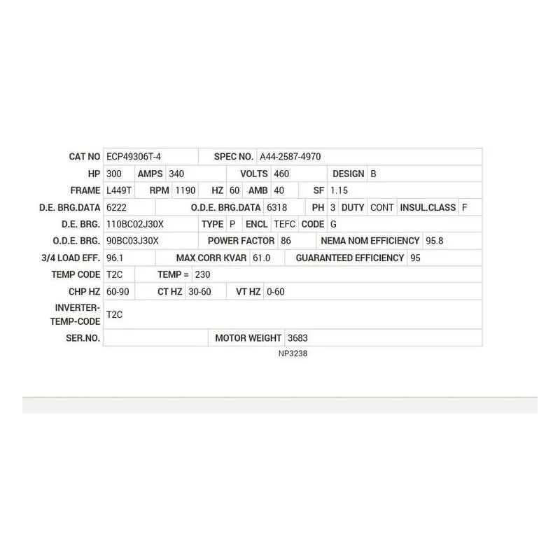 ECP49306T-4 Baldor 300 HP, 1200 RPM, 3 PH, 60 HZ, L449T, TEFC, FOOT,  Motor Nameplate - view 2