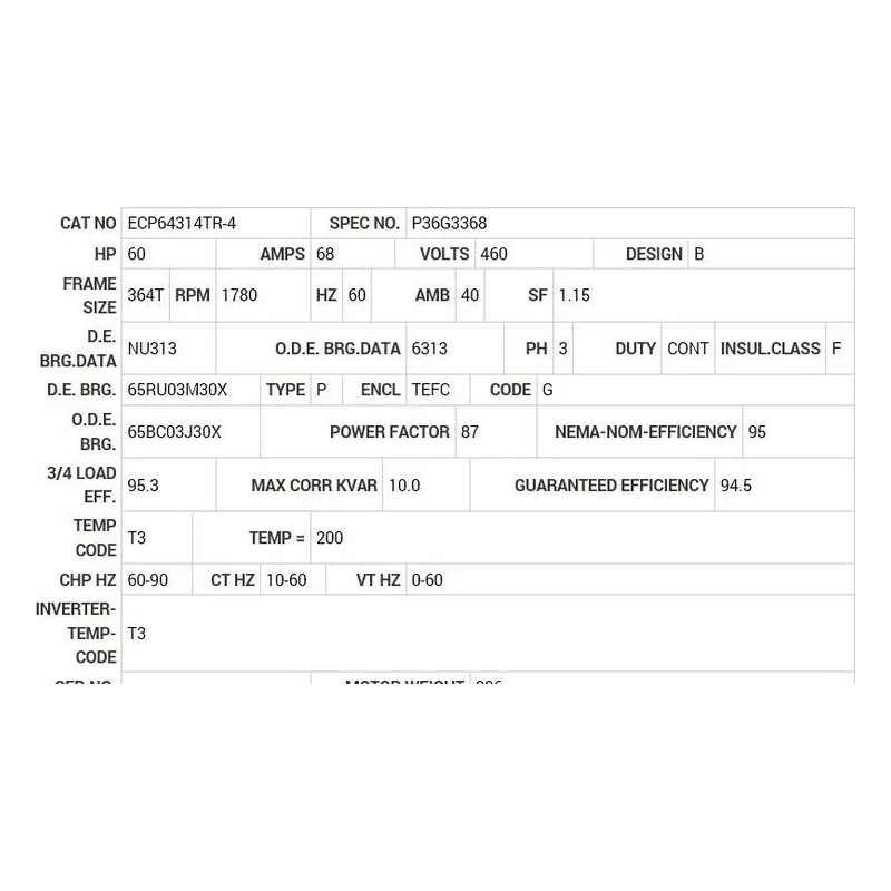 ECP64314TR-4 Baldor 60 HP, 1780 RPM, 3 PH, 60 HZ, 364T, TEFC, FOOT,  Motor Nameplate - view 2