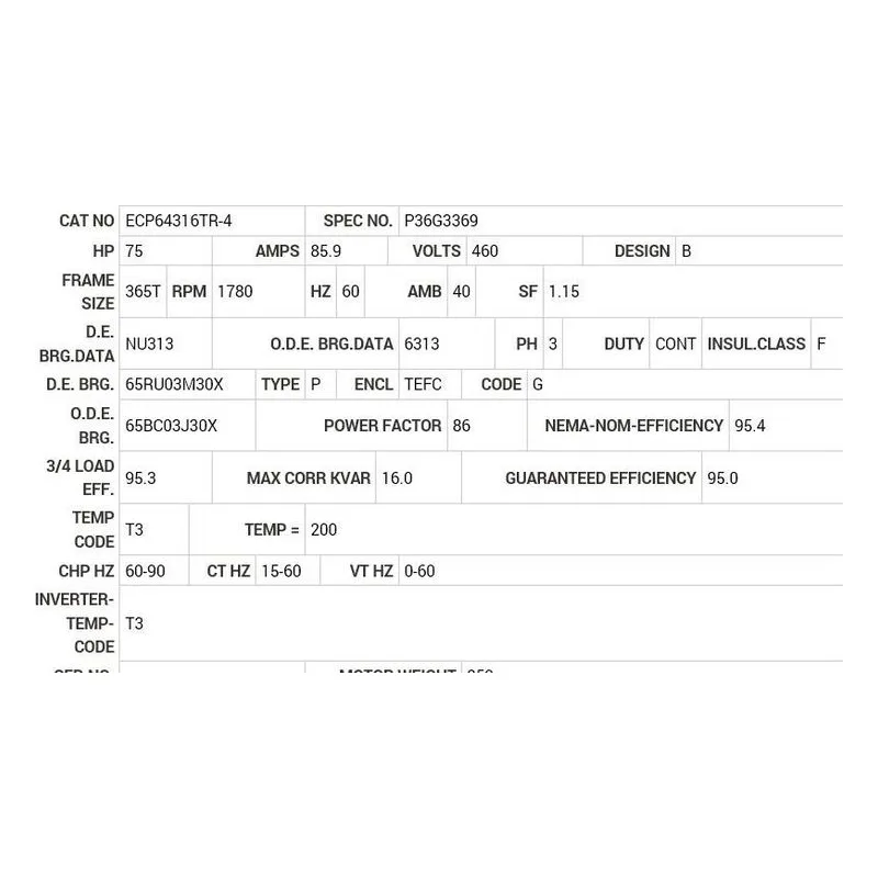 ECP64316TR-4 Baldor 75 HP, 1780 RPM, 3 PH, 60 HZ, 365T, TEFC, FOOT,  Motor Nameplate - view 2