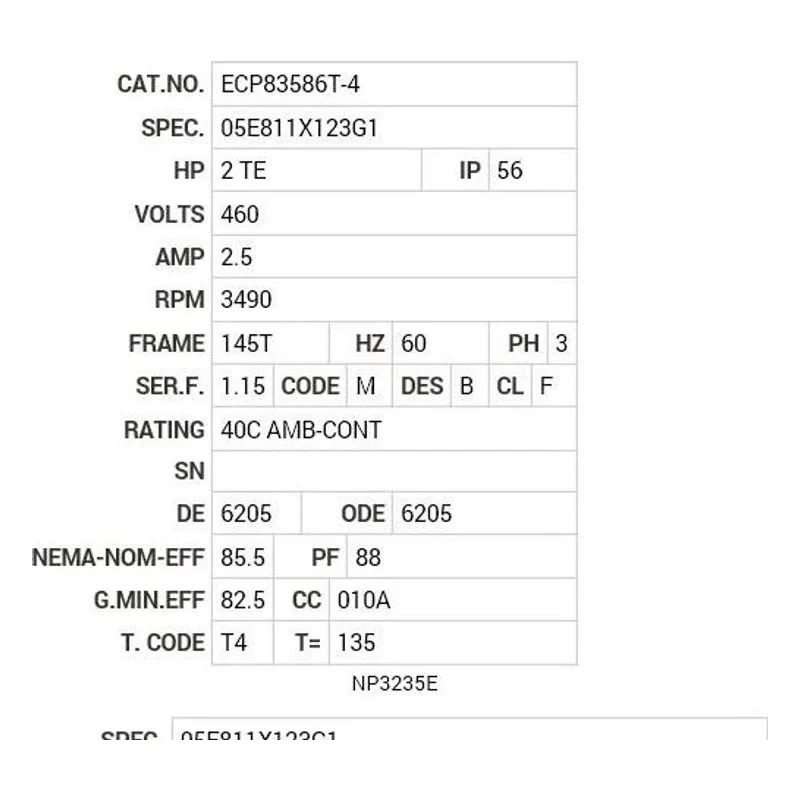 ECP83586T-4 Baldor 2 HP, 3490 RPM, 3 PH, 60 HZ, 145T, 0526M, TEFC, F1 Motor Nameplate - view 2