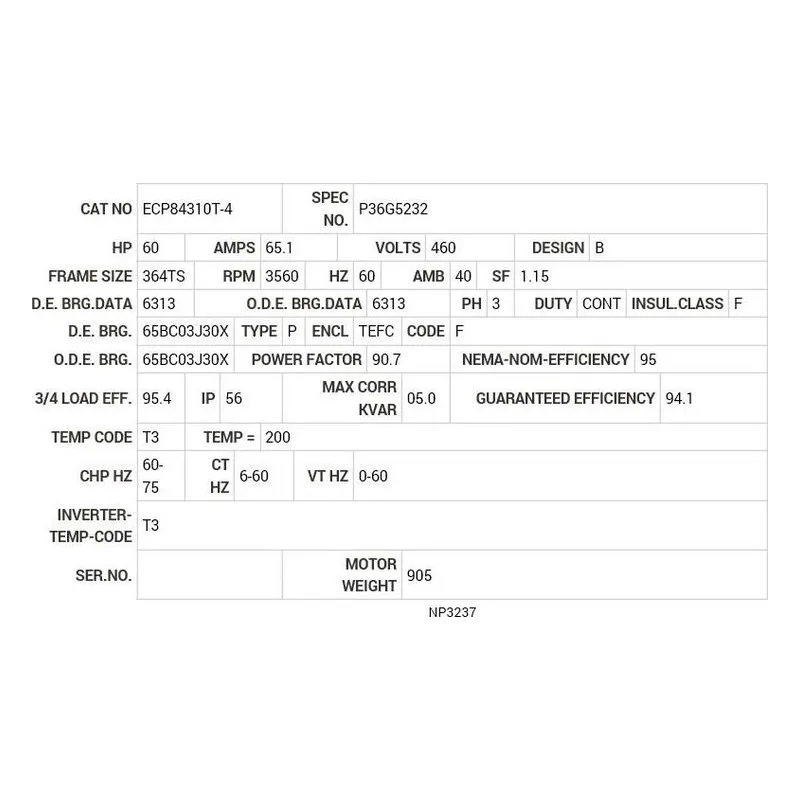 ECP84310T-4 Baldor 60 HP, 3560 RPM, 3 PH, 60 HZ, 364TS, TEFC, FOOT Motor Nameplate - view 2