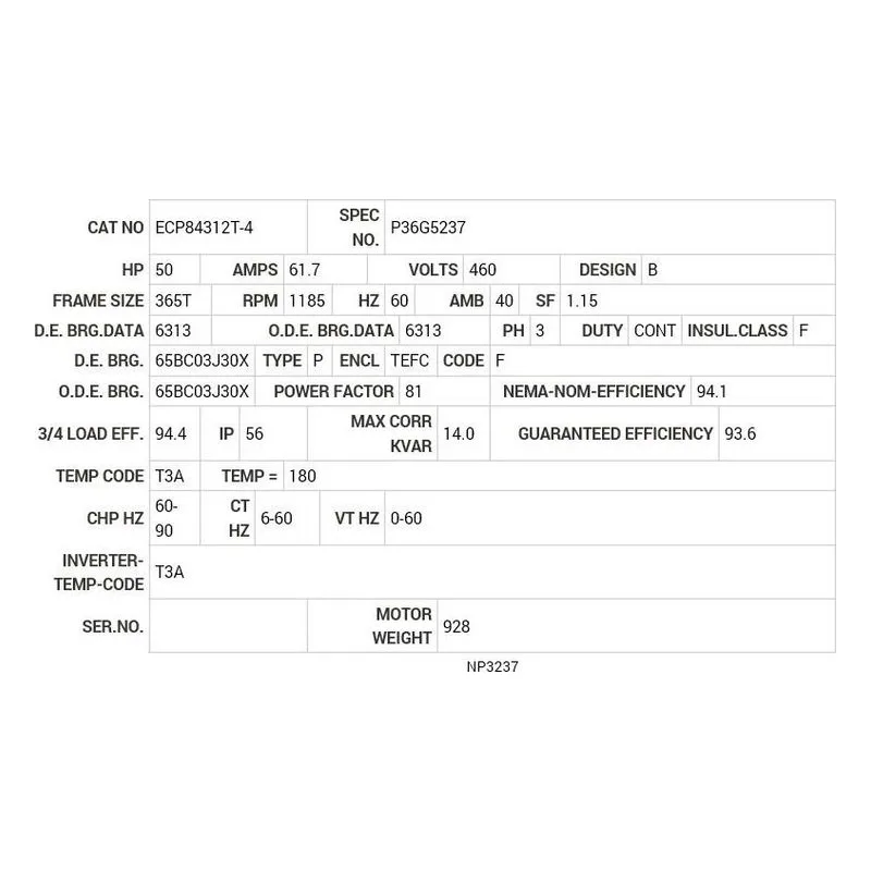 ECP84312T-4 Baldor 50 HP, 1185 RPM, 3 PH, 60 HZ, 365T, TEFC, FOOT Motor Nameplate - view 2
