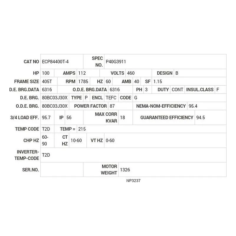 ECP84400T-4 Baldor 100 HP, 1785 RPM, 3 PH, 60 HZ, 405T, A40064M, TEFC Motor Nameplate - view 2