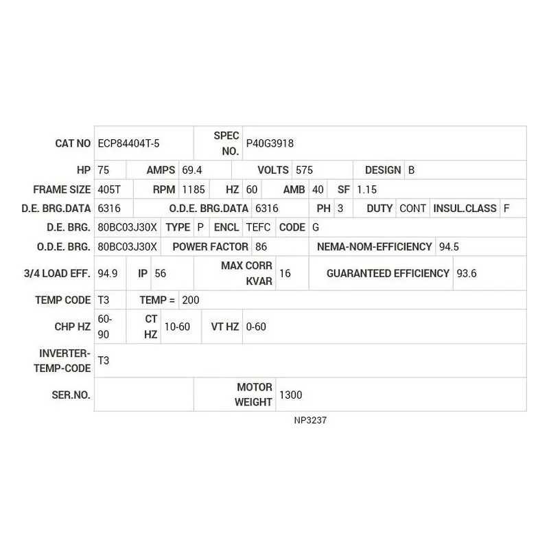 ECP84404T-5 Baldor 75 HP, 1185 RPM, 3 PH, 60 HZ, 405T, A4072M, TEFC, F Motor Nameplate - view 2