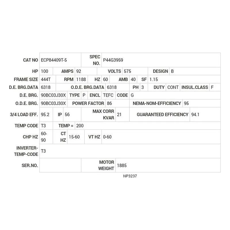 ECP84409T-5 Baldor 100 HP, 1188 RPM, 3 PH, 60 HZ, 444T, A44062M, TEFC Motor Nameplate - view 2