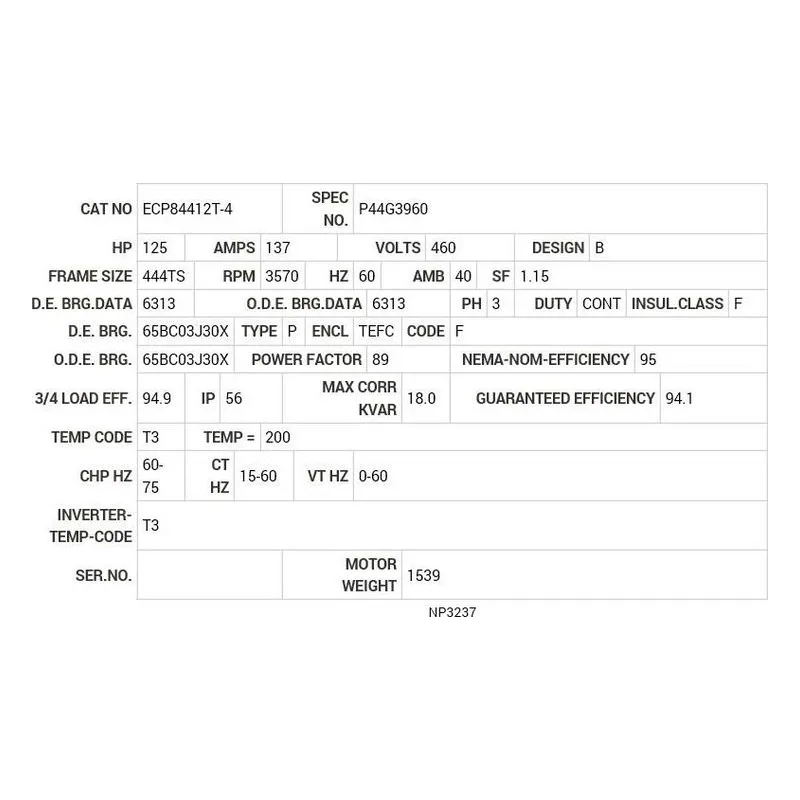 ECP84412T-4 Baldor 125 HP, 3570 RPM, 3 PH, 60 HZ, 444TS, A4468M, TEFC Motor Nameplate - view 2