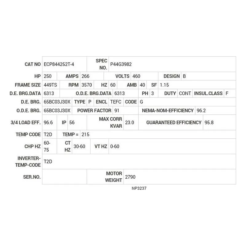 ECP844252T-4 Baldor 250 HP, 3570 RPM, 3 PH, 60 HZ, 449TS, A44128M, TEF Motor Nameplate - view 2