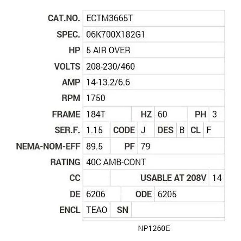 ECTM3665T Baldor 5 AIR OVER HP, 1750 RPM, 3 PH, 60 HZ, 184T, 0641M Motor Nameplate - view 2