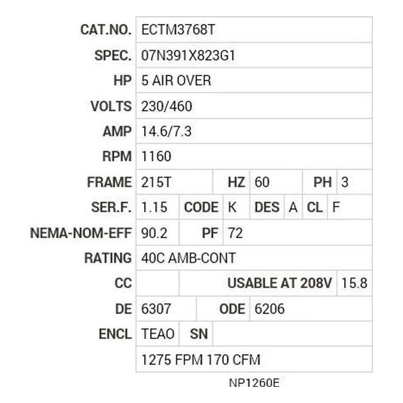 ECTM3768T Baldor 5 AIR OVER HP, 1160 RPM, 3 PH, 60 HZ, 215T, 0748M Motor Nameplate - view 2